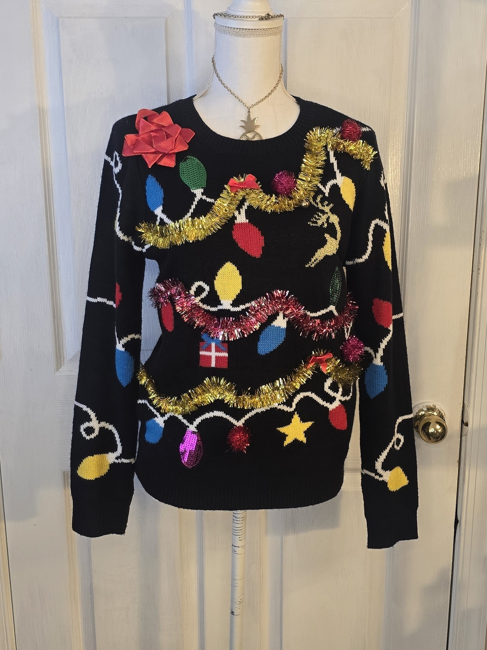 Lavender Moon Holiday Light Bulb Ugly Christmas Sweater Black Multicolor Small